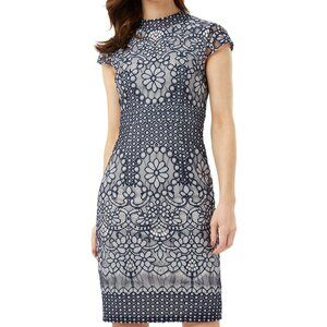 Phase Eight Lace Cocktail Dress Women's Size 12 Navy Blue Cap‎ Sleeve Sheath